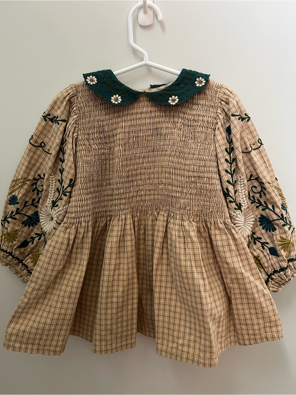 Girls Beige Plaid Smocked Blouse with Green Floral Collar